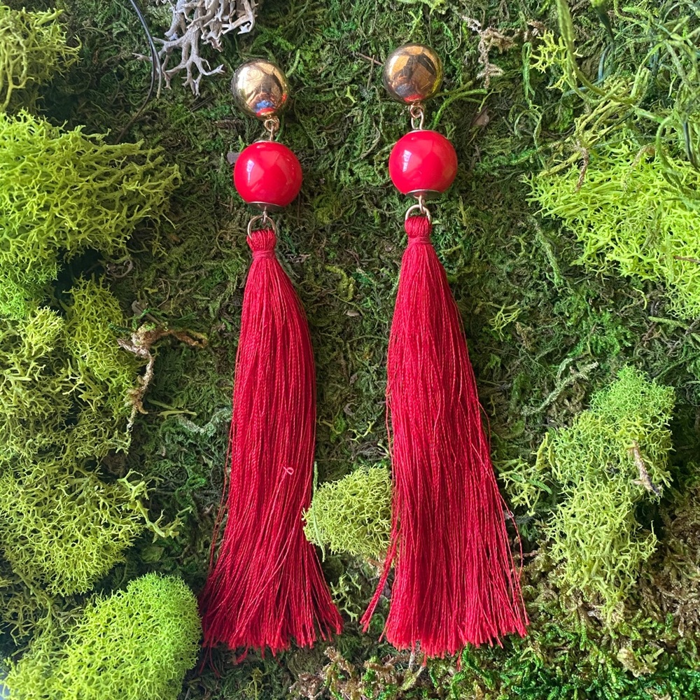 Red Tassel Earrings — (long, stud, dangling)